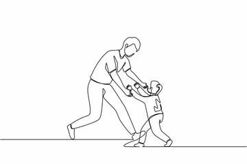 Wall Mural - Single one line drawing joyful little daughter running to dad for family hug. Happy little girl meeting man with love. Family, Fathers day, childhood concept. Continuous line design graphic vector