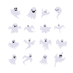 Monochrome ghost apparition spook horror set. Ghost shadow funny. ghost sheet for halloween character design. Isolated on white vector illustration.