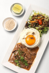 Wall Mural - Traditional cambodian Lok Lak stir fried beef with rice meal