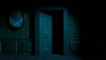 A Door Opens Slowly In The Dark Creepy Corridor 3d 4K Animation. Spooky Interior Of The Old House With Copy Space