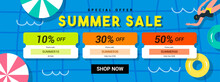 Summer Sale Coupon Template Banner Vector Design. Pool Party Background.