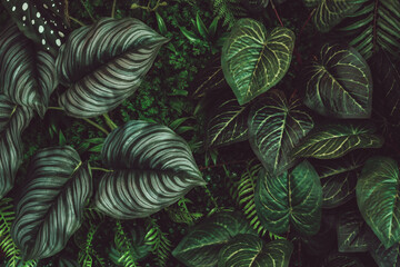 Wall Mural - A group of green leaves of various varieties, dark tones. Tropical pine forest background or pattern with green leaves.