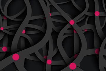 Leinwandbilder - Minimal geometric abstract wave background. Wallpaper with smooth lines of black color with pink dots on dark shade backdrop. Banner design with curved stripes in paper cut style. Illustration.