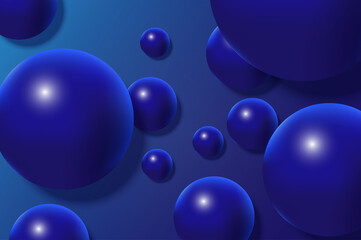 Fototapete - Abstract 3d realistic background with dynamic spheres. Falling blue balls with glossy shining surface on dark backdrop. Minimal wallpaper with plastic bubbles composition design. Illustration.