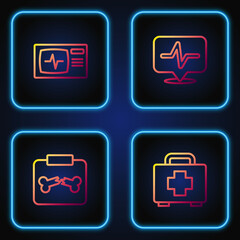 Sticker - Set line First aid kit, X-ray shots with broken bone, Monitor cardiogram and Heart rate. Gradient color icons. Vector