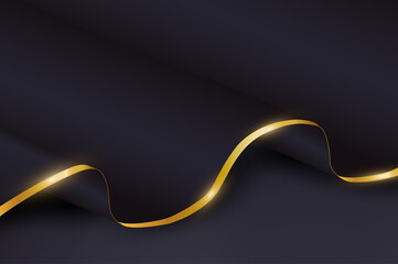 Aufkleber - Abstract wave background. Black wavy smooth paper with golden border lies on dark backdrop. Elegant wallpaper with realistic gold metallic line on paper. Luxury banner design. Illustration.