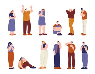 Sticker - Sad crying people. Teenagers cry, flat depressed person and woman in melancholy. Mental problems, negative emotions and anxiety. Human grief, kicky vector character