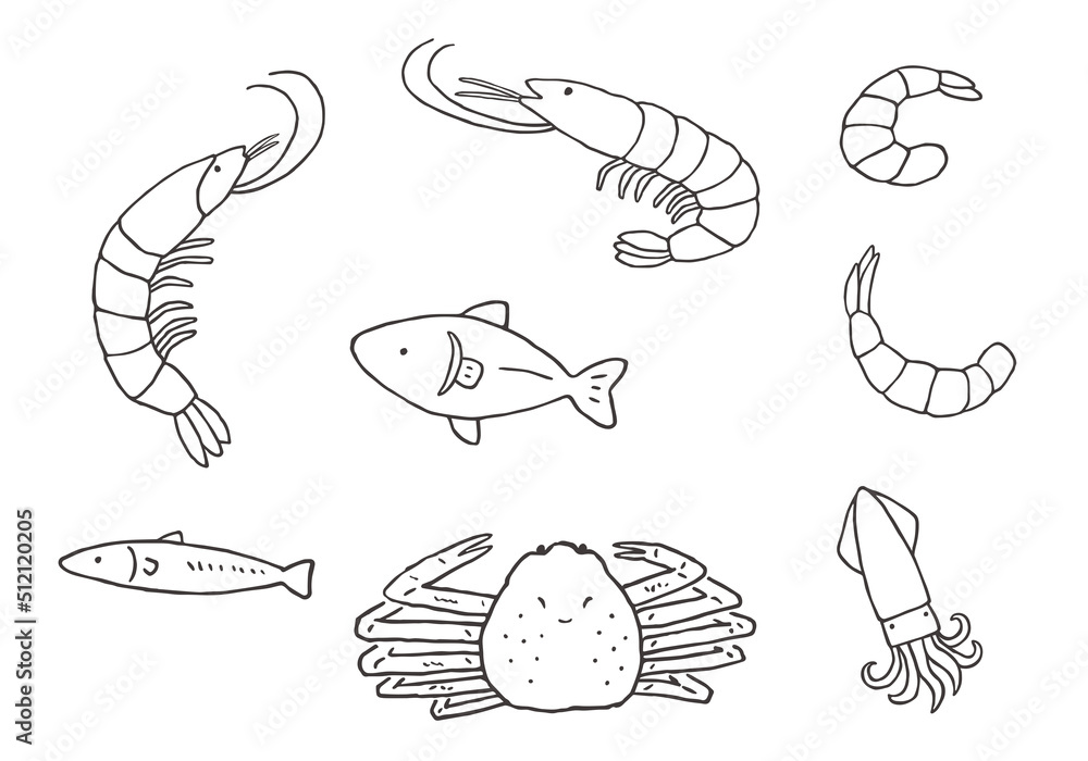 Image vectorielle Stock エビ・カニ・魚・イカの手描きイラストセット