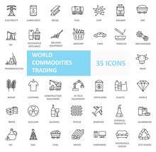 World Commodities Trading Line Outline Icon Set. Vector Illustration Included Icons As Power, Fuel, Food, Technology, Minerals And More.