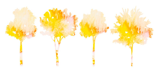 Wall Mural - trees yellow watercolor silhouette on white background, isolated, vector