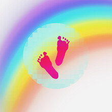 Footprints On A Rainbow Background. Modern Art Collage, Surrealism. Memphis Style Posters. Abstract Minimalism