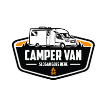 Premium Campervan Emblem Logo. Ready Made Motorhome RV Caravan Template Logo. Best For Campervan Related Industry