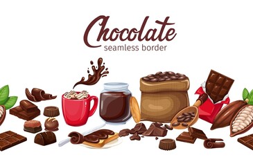Wall Mural - Chocolate desserts set on seamless border vector illustration. Cartoon candy, curl and dark chocolate bar, red cup of hot drink with marshmallow and splash, pod of cocoa beans, choco paste sandwich