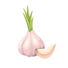 Poster - Garlic head with green leaf and skin, organic vegetable vector illustration. Cartoon isolated raw clove and whole garlic bulb, aromatic food ingredient, natural condiment for flavoring while cooking