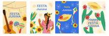 Festa Junina Festival Banners Or Posters Bundle. Brazilian Traditional Festa Junina Holiday Cards And Promo Posters Collection, Flat Vector Illustration.