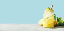 Banner. Summer Drink With Lemon And Rosemary Close Up, Copy Space
