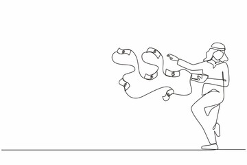 Poster - Single one line drawing happy Arabic businessman millionaire throw out pile of money banknotes flying into the air. Success and wealthy fortune entrepreneur. Continuous line draw design graphic vector