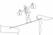 Single continuous line drawing businessman walk over cliff gap mountain carry two money bag risking dangerous. Young male walking balance on rope bridge. One line graphic design vector illustration