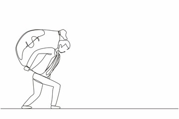 Continuous one line drawing businessman carrying big and heavy money bag on his back. Financial problems, taxation burden or business debt, deadline concept. Single line draw design vector graphic