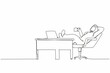 © Simple Line - Single continuous line drawing Arab businessman work relaxed at desk and drink cup of coffee. Flat design of employee character working with laptop computer. One line draw graphic vector illustration