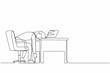 Continuous one line drawing professional burnout syndrome. Exhausted sick tired female manager in office sad boring sitting with head down on laptop. Single line design vector graphic illustration