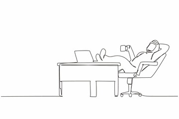 Wall Mural - Single continuous line drawing Arab businessman work relaxed at desk and drink cup of coffee. Flat design of employee character working with laptop computer. One line draw graphic vector illustration