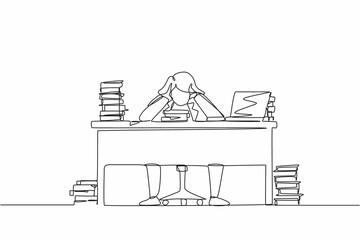 Wall Mural - Single continuous line drawing stressed businesswoman throwing tantrum in office holding her hands to his head shouting while seated at a desk surrounded by files. One line draw graphic design vector
