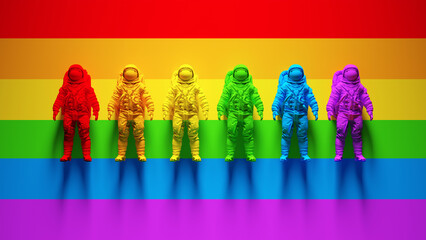 Wall Mural - rainbow pride vibrant lgbtq astronaut space woman space man retro technology line up 3d illustration