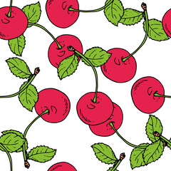 Wall Mural - seamless pattern of red cherries with green leaves. Vector pattern of pink round cherry tree berries with leaves, drawn in sketch style, chaotically on white for a natural design template