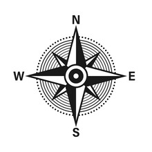 Vintage Marine Wind Rose, Nautical Chart. Monochrome Navigational Compass With Cardinal Directions Of North, East, South, West. Geographical Position, Cartography And Navigation. Vector Illustration.