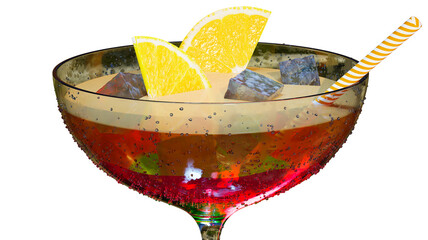 Cocktail glass covered with drops and orange slices, close-up. Alcoholic cocktail margarita 3d rendering. Red alcoholic drink isolated on a white background.