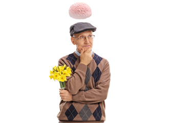 Sticker - Pensive elderly gentleman holding a bunch of flowers and thinking with brain above his head