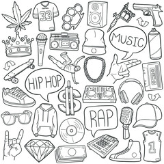 Wall Mural - Hip Hop Doodle Icons. Hand Made Line Art. Rap Clipart Logotype Symbol Design.