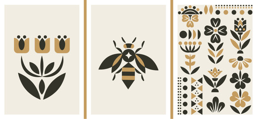 scandinavian modern trendy folk floral poster set. minimal botanical boho wall art. gold and black a