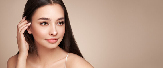 Wall Mural - portrait beautiful young woman with clean fresh skin. model with healthy skin, close up portrait. co