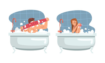 Poster - Young Male and Female Bathing in the Bathtub Washing Body with Shampoo and Sponge Vector Illustration Set