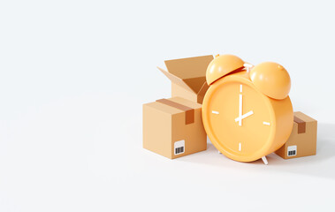 3d alarm clock with cardboard boxes on white background. fast delivery concept. moving day. goods tr