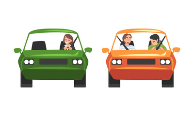 Sticker - Man and Woman Character Driving Car Sitting on Driver Seat Inside Vehicle Front View Vector Set