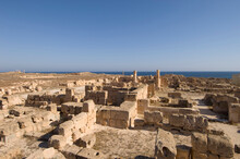 High Angle View Of The Ruins Of Buildings In An Ancient Roman City, Sabratha, Tripolitania, Libya