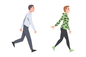 Sticker - Walking Man and Woman Character Taking Steps Forward Side View Vector Illustration Set