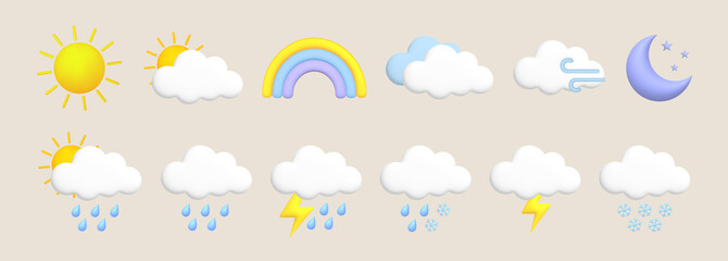 Sun, moon, rainbow, lightning, cloud, rain, snow, wind, thunderstorm. Cute 3d cartoon weather icons set.