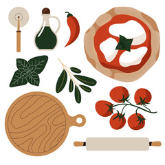 Wall Mural - Italian pizza design template. Set of ingredients. Pizza Margherita with tomatoes and mozzarella isolated on the white background. Vector illustration.