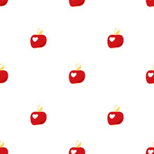 Vector Pattern With Red Small Apples In A Flat Style On A White Background. Pattern With Apples For Fabrics, Packaging, Design, Fabrics.