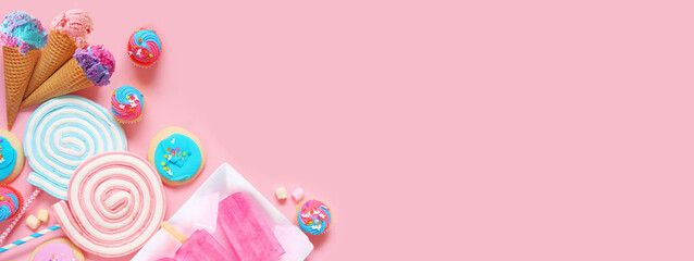 Aufkleber - Pastel sweets corner border. Ice cream, cookies, cupcakes and a collection of treats. Overhead view over a pink banner background. Copy space.