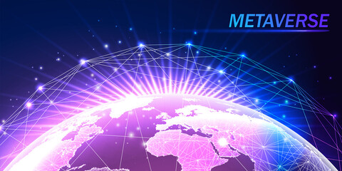 Wall Mural - Concept of metaverse with purple global network, planet earth view in futuristic holographic style 