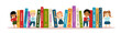 Horizontal banner with school children and text books. Boys and girls are standing near books. Study, education, back to school. Poster for store, shop, library, school library.