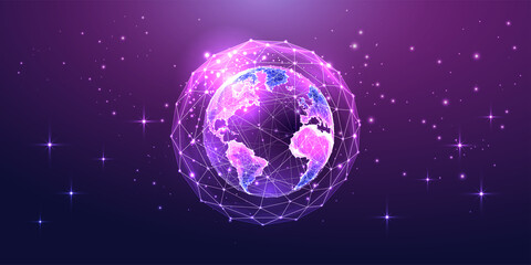 Wall Mural - Concept of web 3.0, metaverse with purple holographic globe from space, global connection 