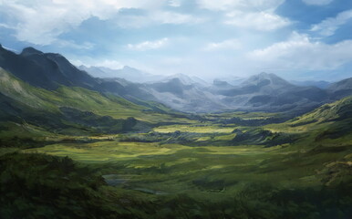 Wall Mural - Fantastic Epic Magical Landscape of Mountains. Summer nature. Mystic Valley, tundra. Gaming assets. Celtic Medieval RPG background. Rocks and grass. Beautiful sky with clouds. Lakes and rivers	