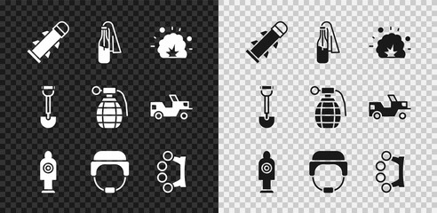 Canvas Print - Set Rocket, Cocktail molotov, Bomb explosion, Human target sport for shooting, Military helmet, Brass knuckles, Sapper shovel and Hand grenade icon. Vector