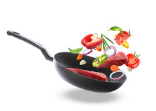 Tasty Fresh Ingredients And Frying Pan On White Background